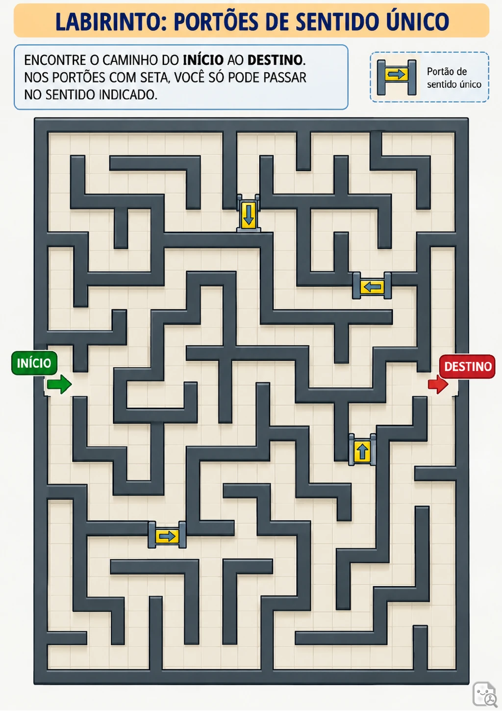 Labirinto colorido quadriculado com portões amarelos de sentido único, início verde e destino vermelho.