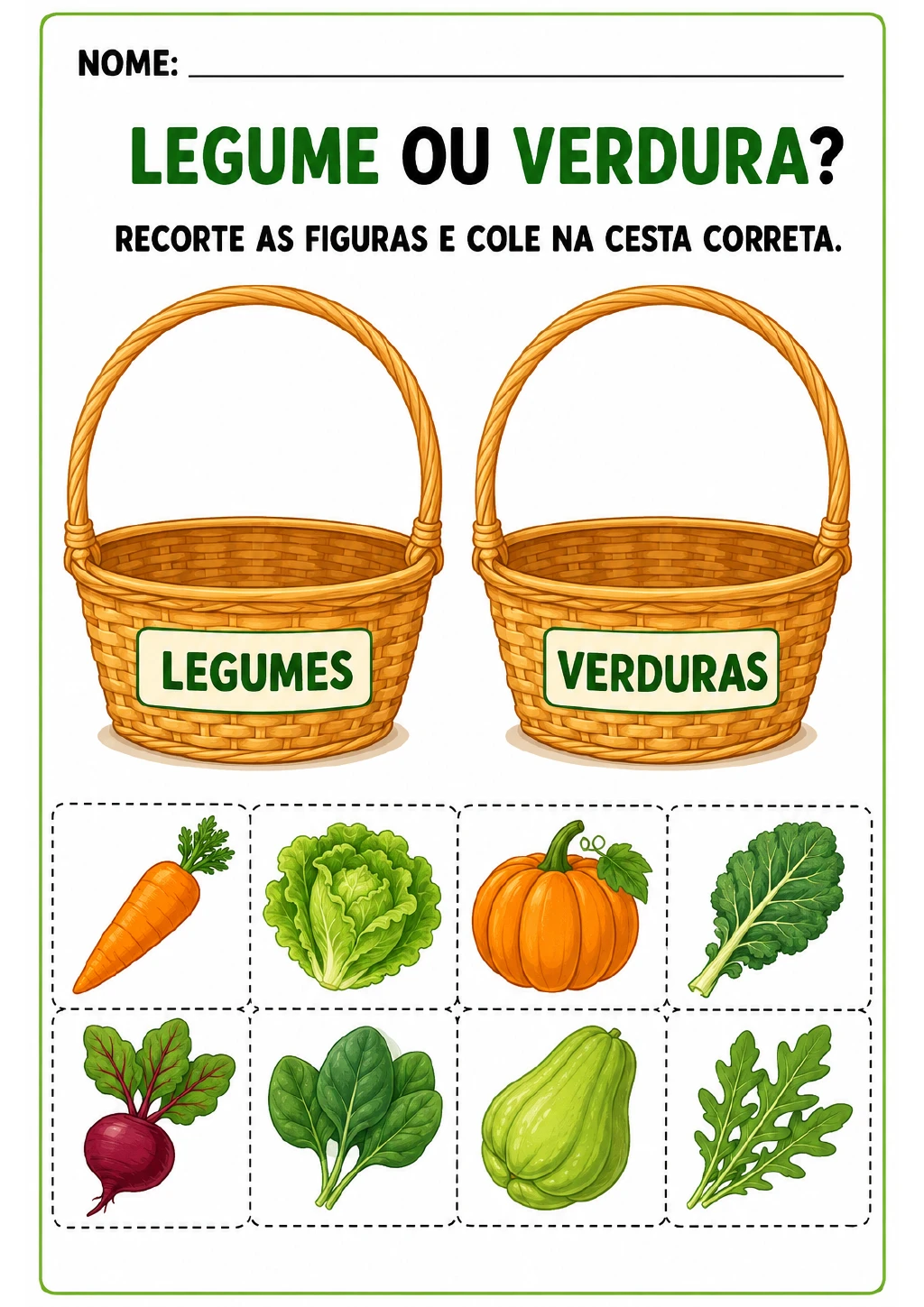 Duas cestas identificadas como legumes e verduras recebem cartões tracejados com cenoura, alface, abóbora, couve.