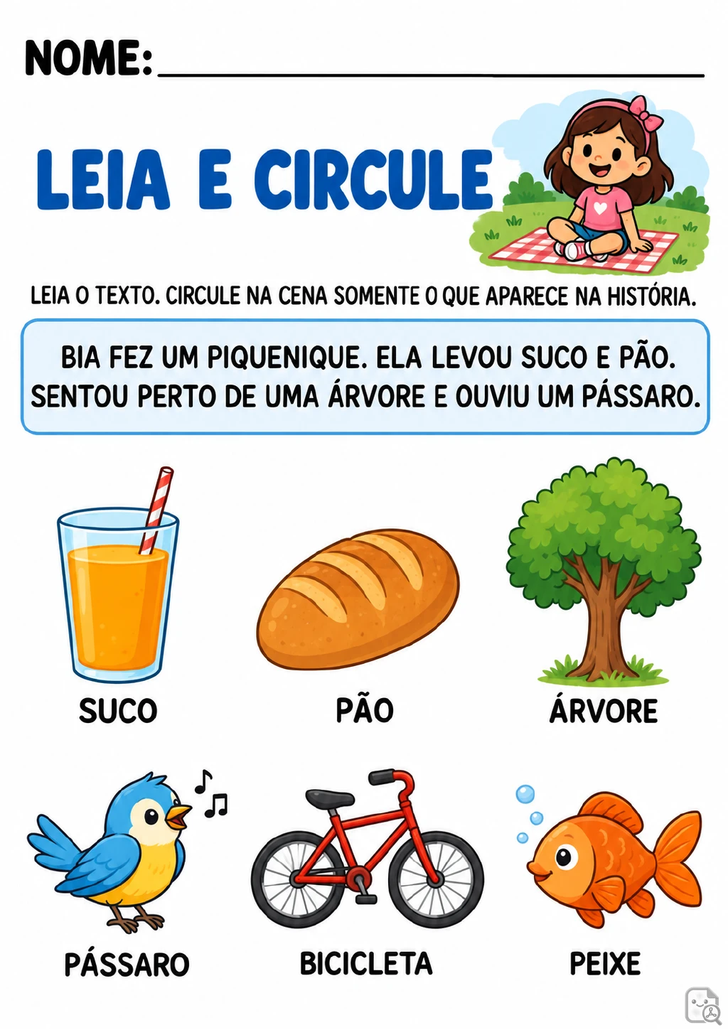 História sobre o piquenique de Bia com figuras identificadas de suco, pão, árvore, pássaro, bicicleta e peixe.