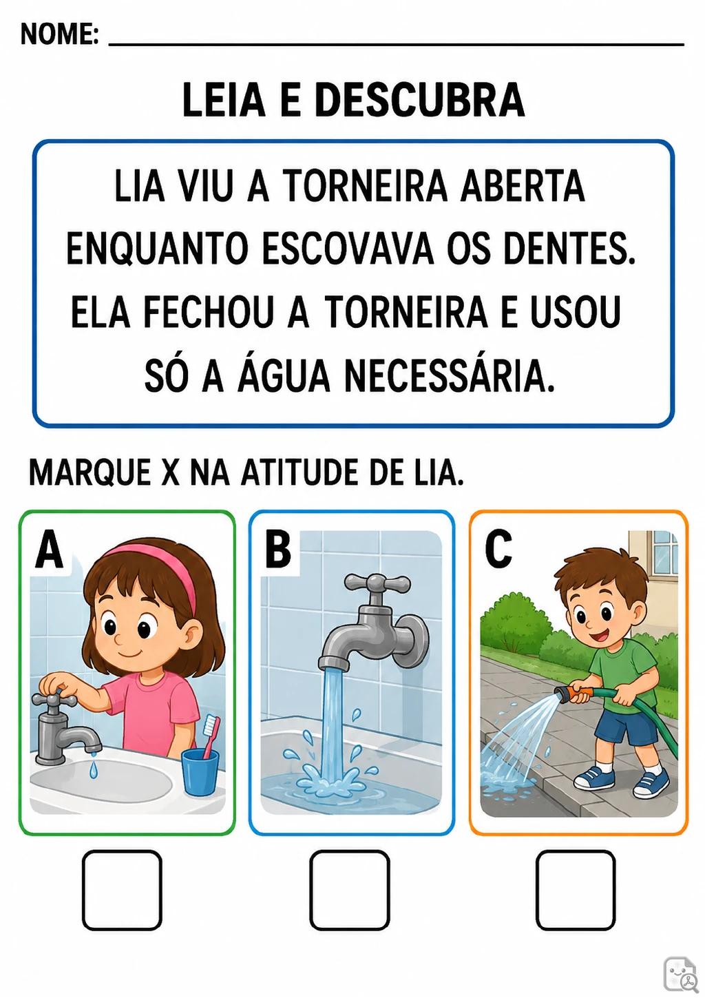 Texto sobre Lia e três alternativas identificadas por A, B e C: uma menina na pia.