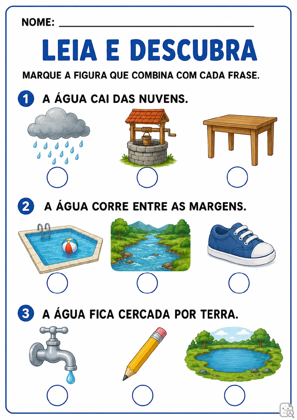 Três frases numeradas aparecem com grupos de imagens para marcar, incluindo chuva, poço, mesa, rio, tênis, torneira, lápis.