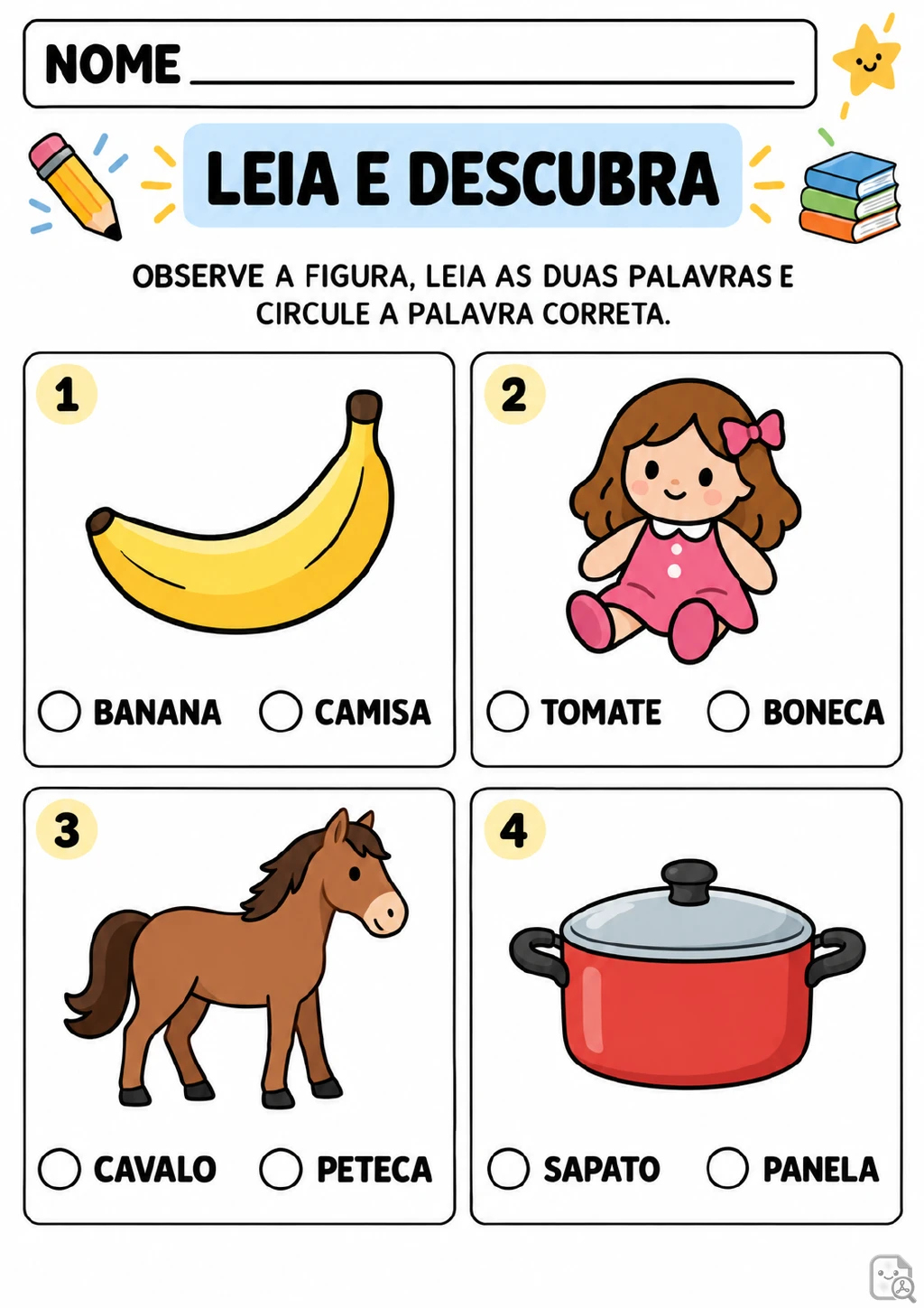 Quatro quadros numerados com ilustrações de banana, boneca, cavalo e panela, cada um.