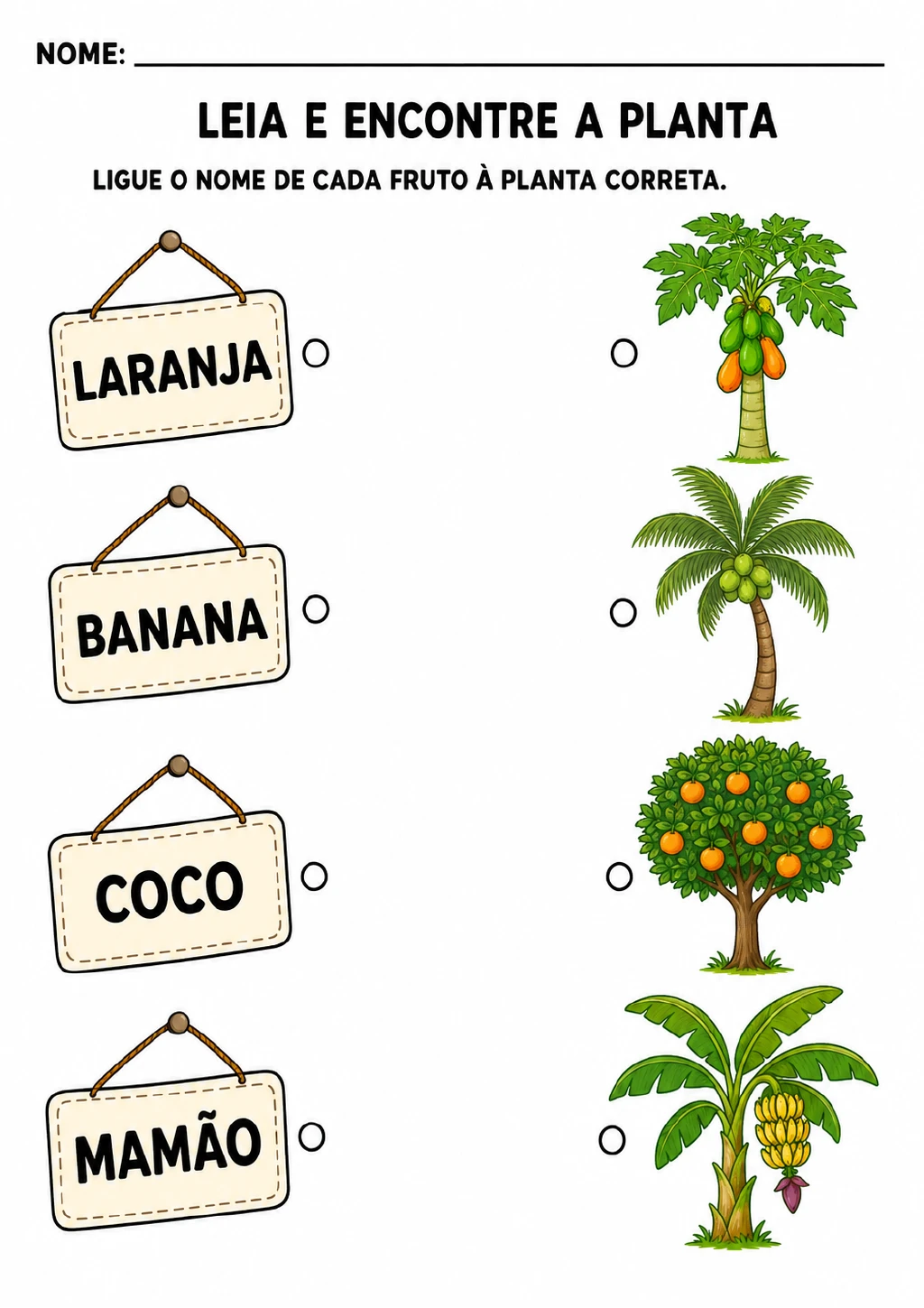 Placas com as palavras laranja, banana, coco e mamão em uma coluna e laranjeira, bananeira, coqueiro e mamoeiro em outra.