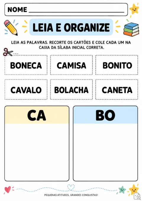 Seis cartões tracejados com as palavras boneca, camisa, bonito, cavalo, bolacha e caneta.