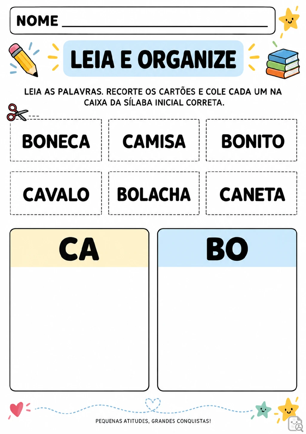 Seis cartões tracejados com as palavras boneca, camisa, bonito, cavalo, bolacha e caneta.