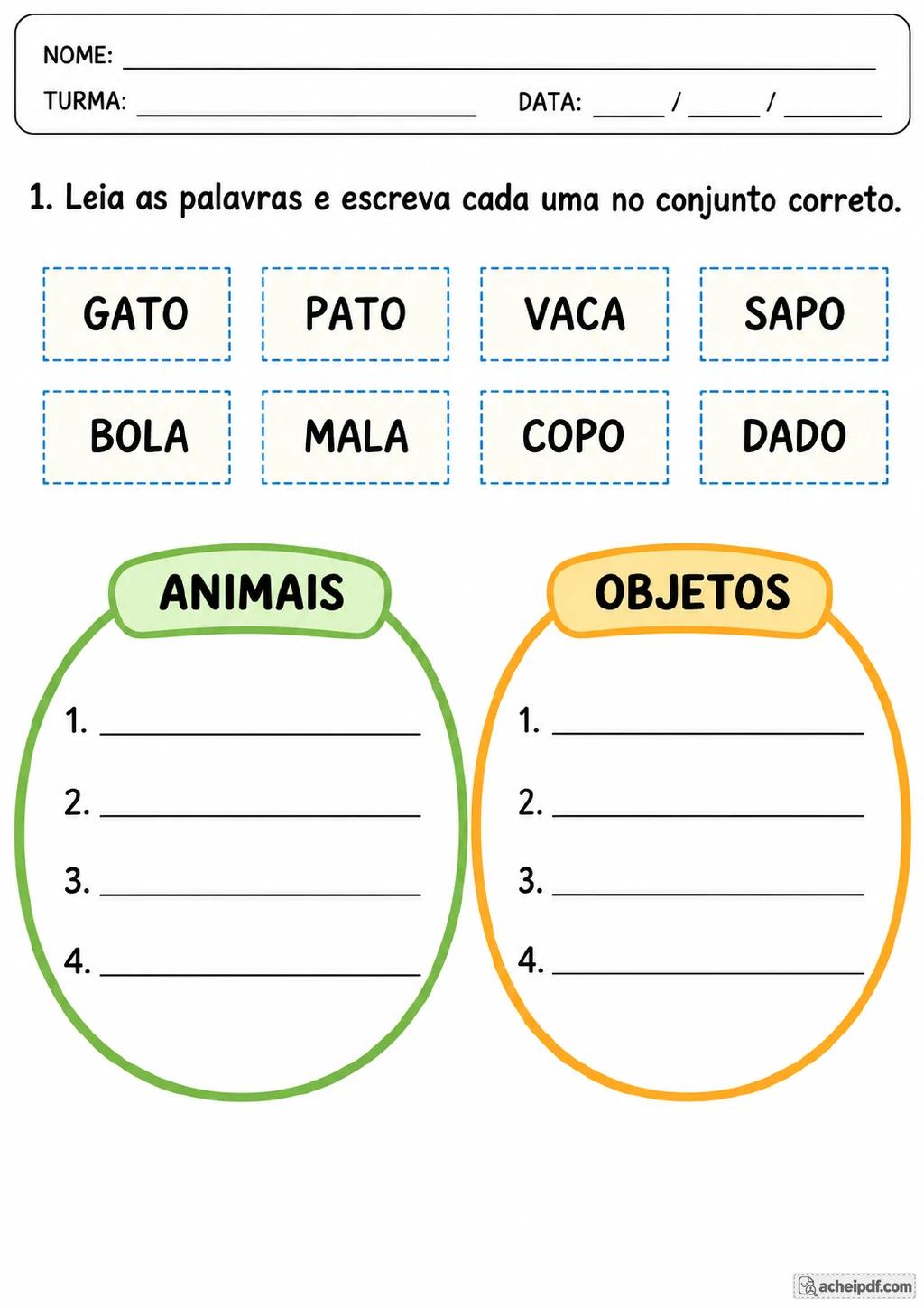 Cartões tracejados com gato, pato, vaca, sapo, bola, mala, copo e dado, além de dois conjuntos identificados como animais.