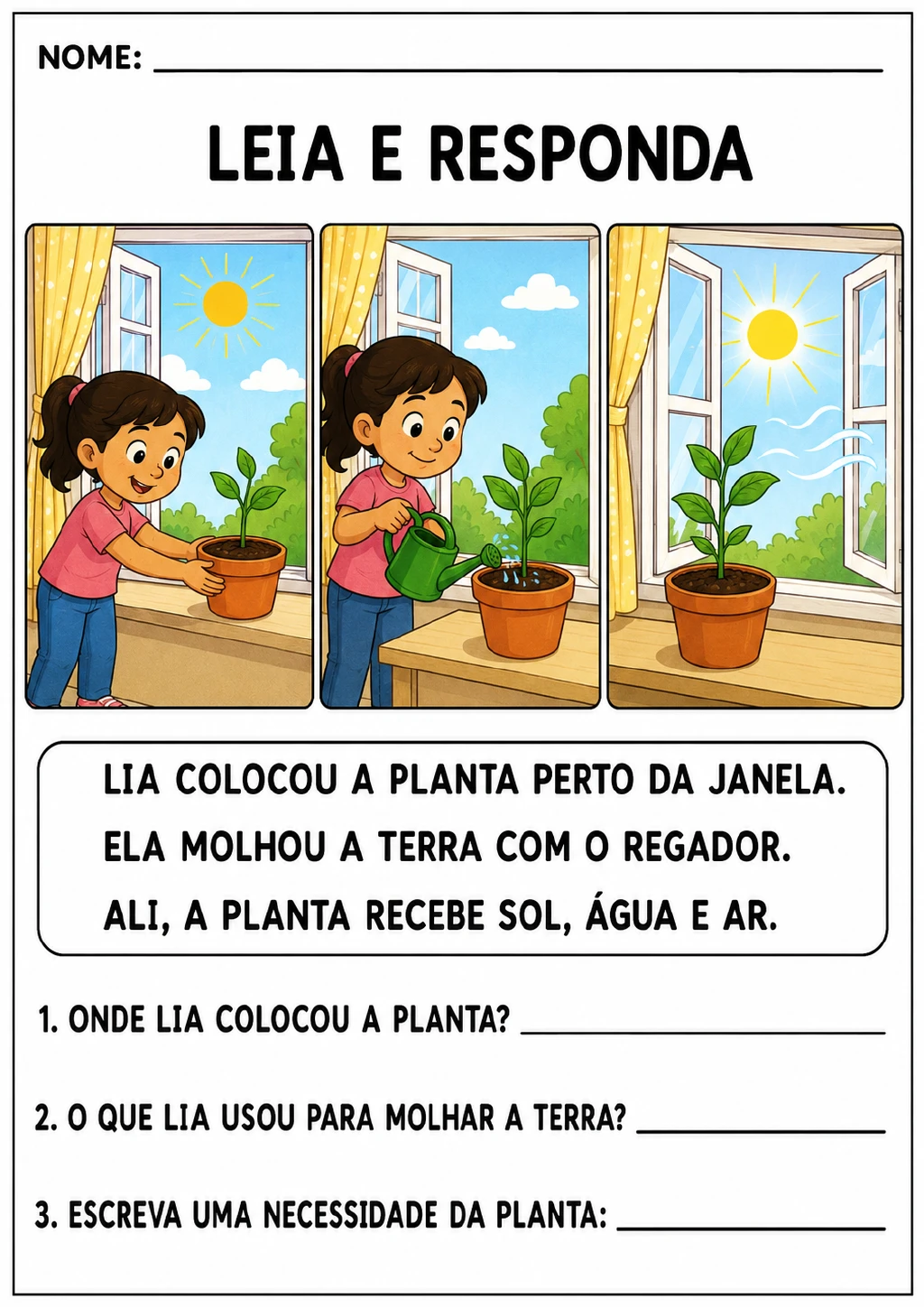 Três ilustrações mostram Lia colocando uma planta perto da janela, regando a terra com um regador.