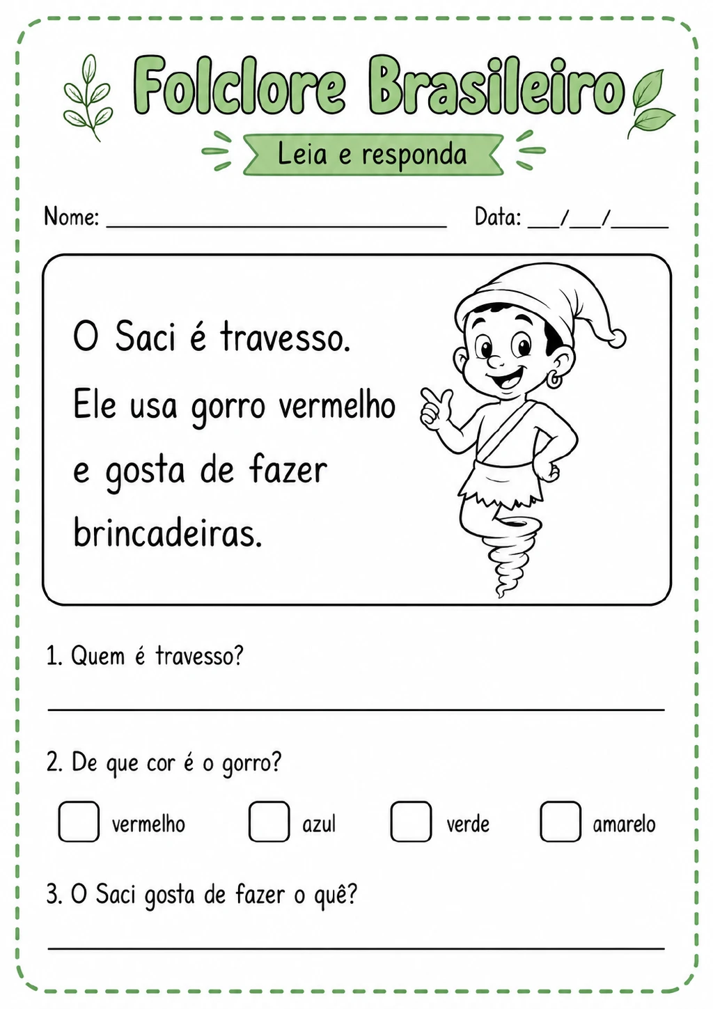Texto curto sobre o Saci, seguido de perguntas de compreensão e alternativas de cores para identificar a cor de seu gorro.