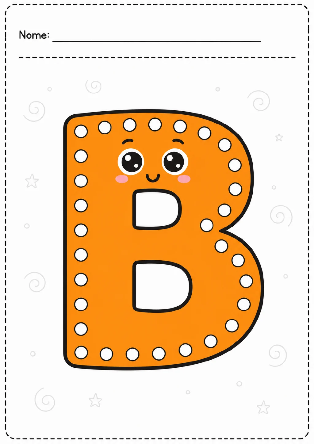 Letra B maiúscula laranja, com rostinho sorridente e círculos brancos ao redor do contorno para passar um cordão.