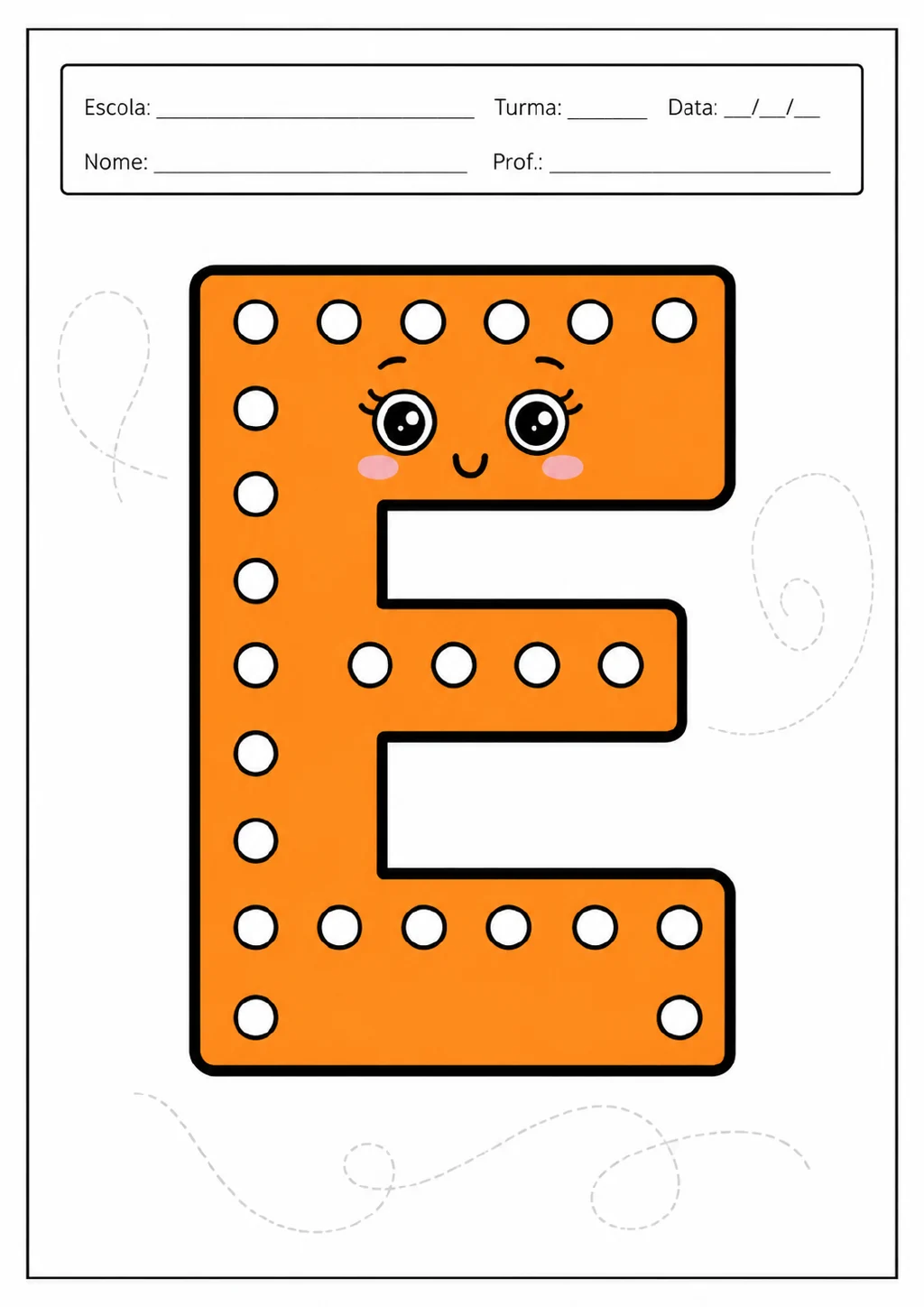 Letra E maiúscula laranja, com rosto sorridente, cílios e círculos brancos no contorno; no topo, há campos para escola.