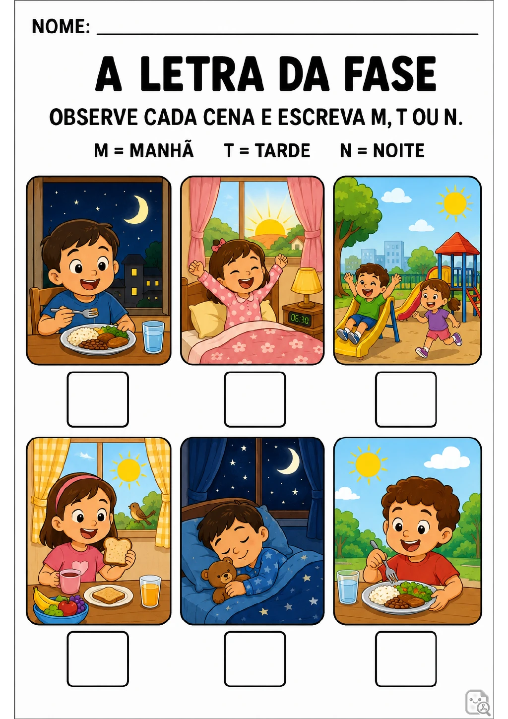 Seis cenas em duas fileiras mostram crianças acordando, fazendo refeições, brincando no parque e dormindo.