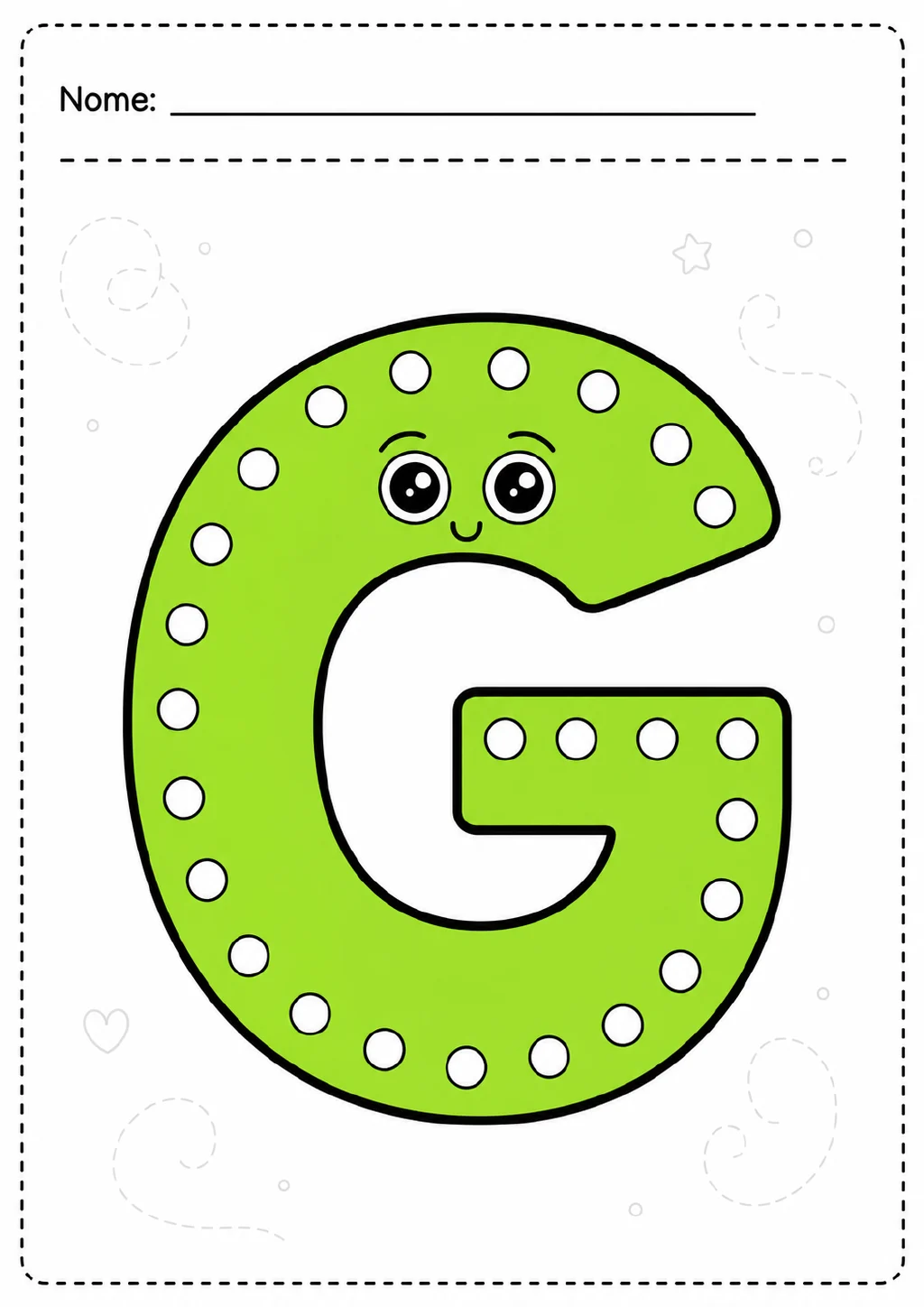 Letra G maiúscula verde, com rosto sorridente, círculos brancos no contorno e na abertura da letra.