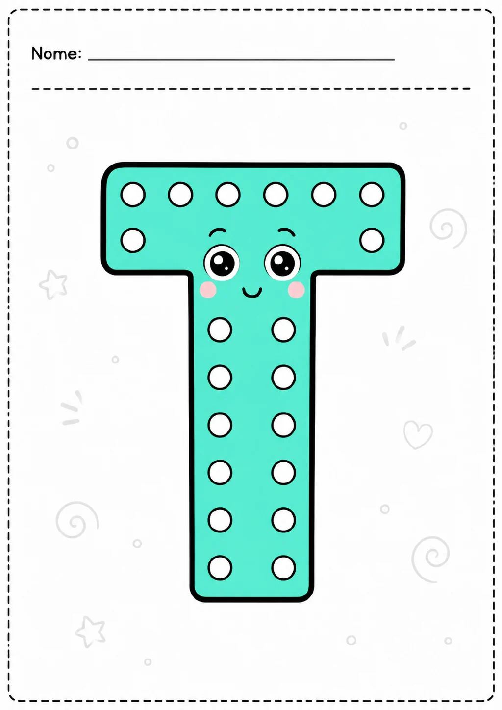 Letra T maiúscula turquesa, com olhos, bochechas, sorriso e círculos brancos, em uma página com borda tracejada, estrelas.