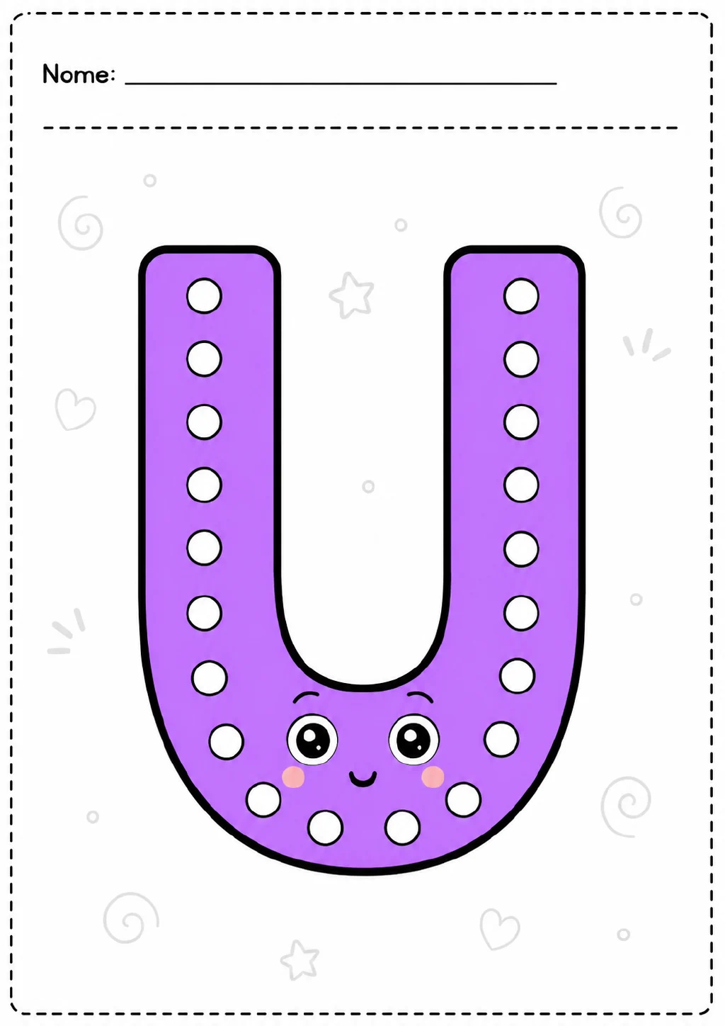 Letra U maiúscula roxa, com olhos, bochechas, sorriso e círculos brancos, em uma página com borda tracejada, estrelas.