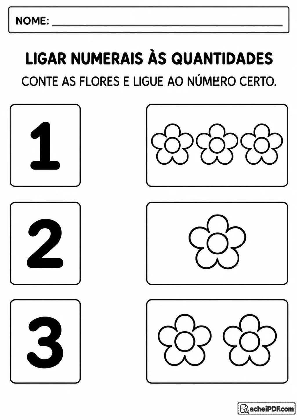 Numerais grandes 1, 2 e 3 ao lado de três grupos de flores com três, uma e duas unidades.