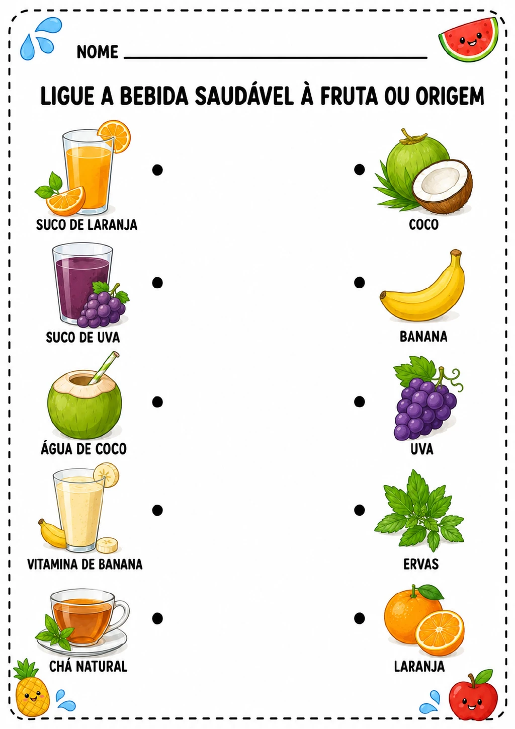 Duas colunas para ligar bebidas a frutas ou origens: suco de laranja, suco de uva, água de coco.