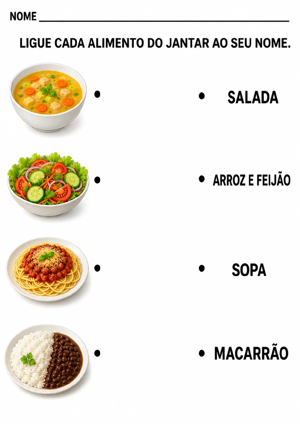 Quatro pratos ilustrados — sopa, salada, macarrão e arroz com feijão — aparecem à esquerda, e seus nomes.