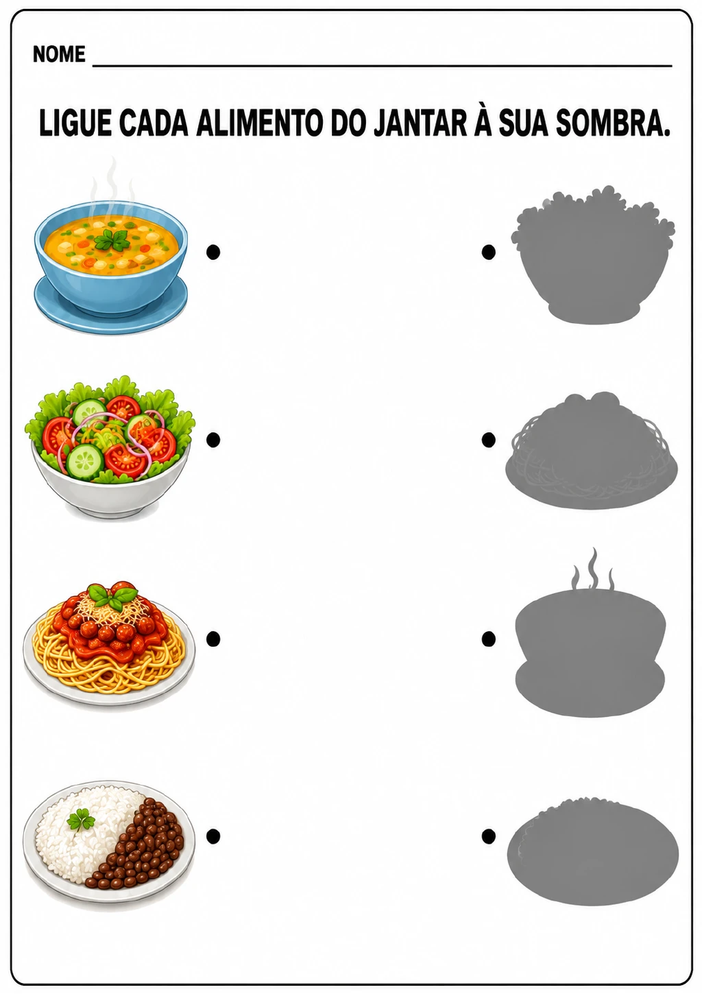 Quatro pratos coloridos — sopa, salada, espaguete e arroz com feijão — aparecem em uma coluna ao lado de quatro silhuetas.