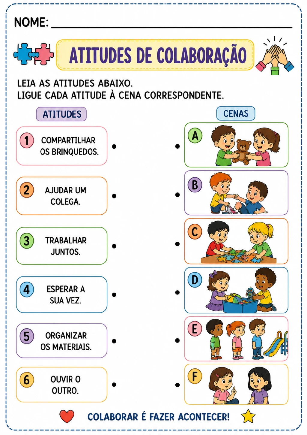 Duas colunas com seis atitudes numeradas e seis cenas marcadas de A a F, incluindo brinquedos, urso de pelúcia.