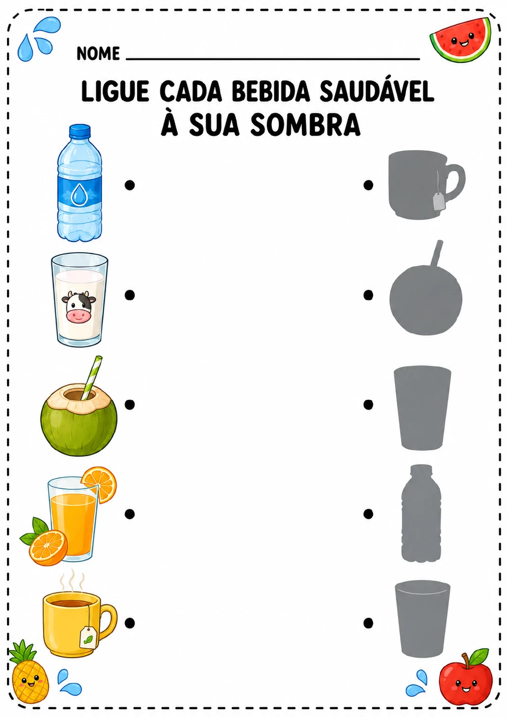 À esquerda, aparecem água, leite, água de coco, suco de laranja e chá ilustrados. À direita.