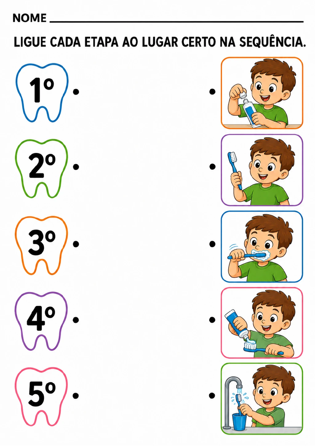 Cinco dentes numerados de 1º a 5º e cinco cenas coloridas de escovação com menino, escova de dentes, pasta, torneira e copo.