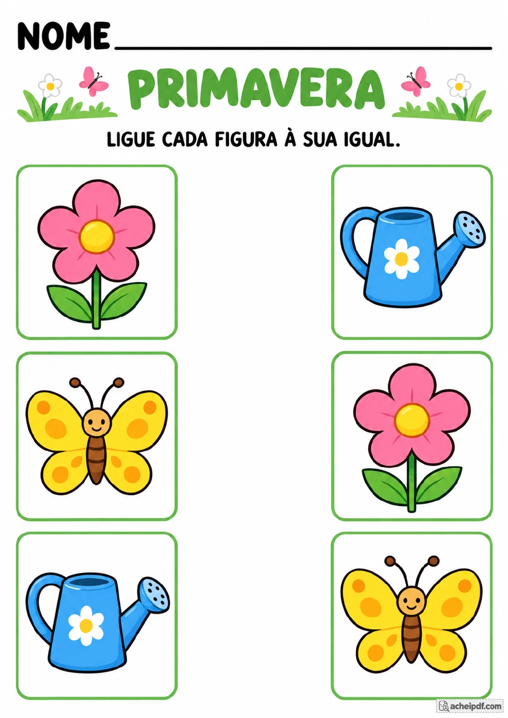 Duas colunas de cartões com uma flor, uma borboleta e um regador coloridos e seus desenhos correspondentes.