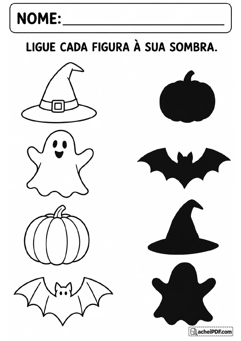 Chapéu de bruxa, fantasma, abóbora e morcego em contorno, dispostos ao lado de quatro sombras pretas correspondentes.
