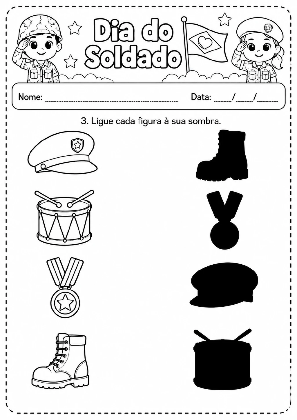 Boné militar, tambor, medalha e coturno em uma coluna, com quatro silhuetas pretas correspondentes na outra para ligar.