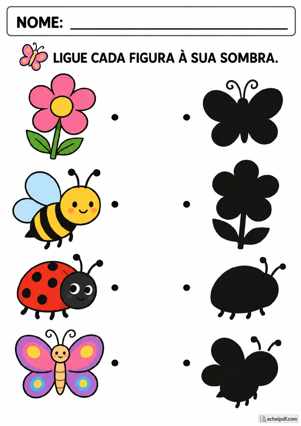 Flor, abelha, joaninha e borboleta coloridas em uma coluna, ao lado de quatro silhuetas pretas correspondentes.