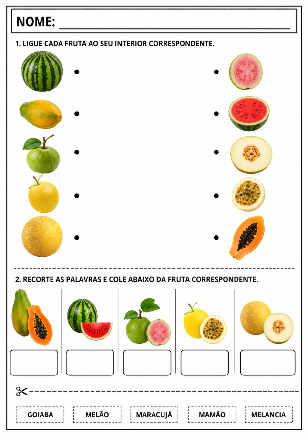 Frutas inteiras e seus interiores para ligar, incluindo melancia, mamão, goiaba, maracujá e melão. Abaixo.