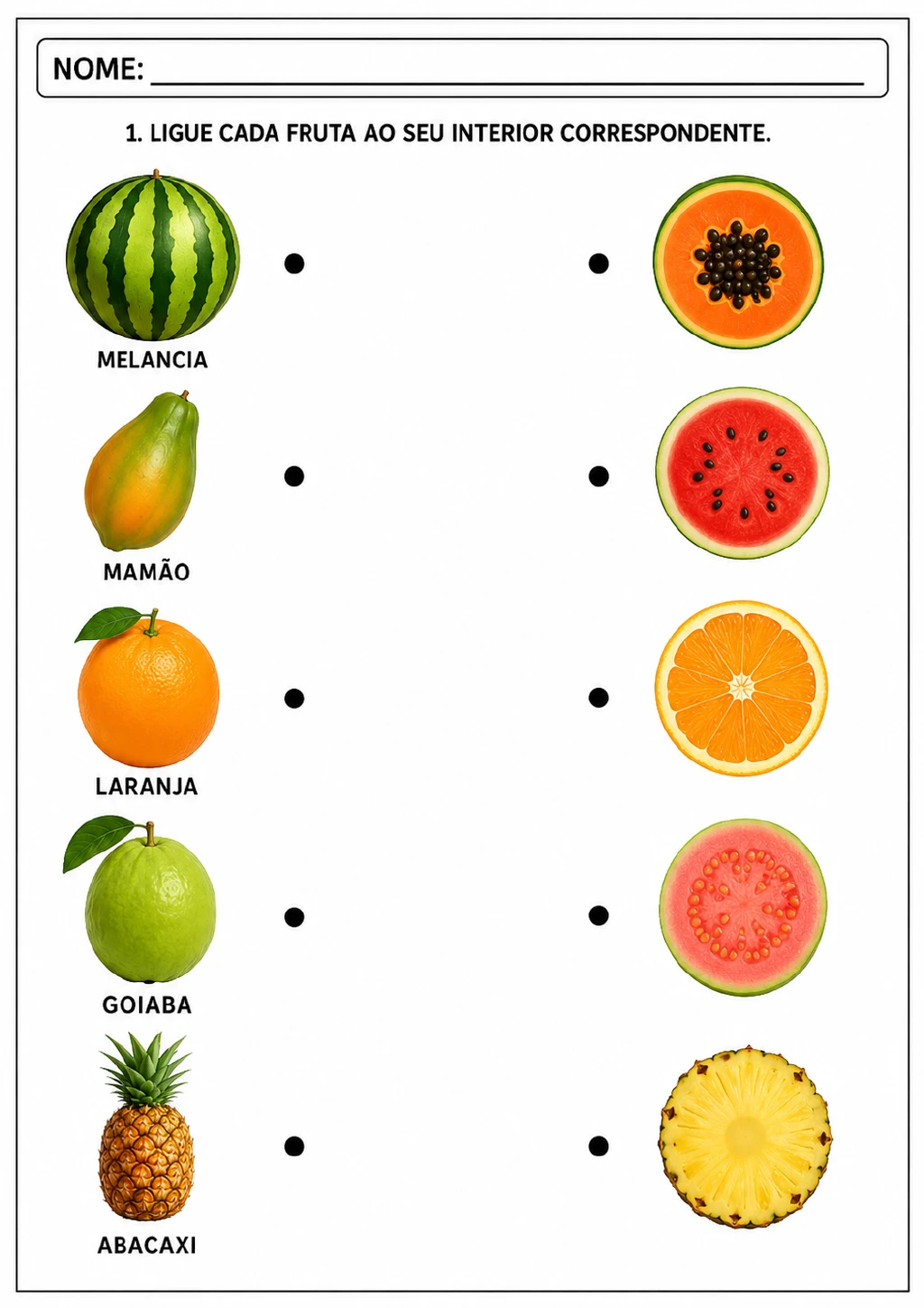 Melancia, mamão, laranja, goiaba e abacaxi inteiros em uma coluna, com pontos para traçar ligações até as imagens.