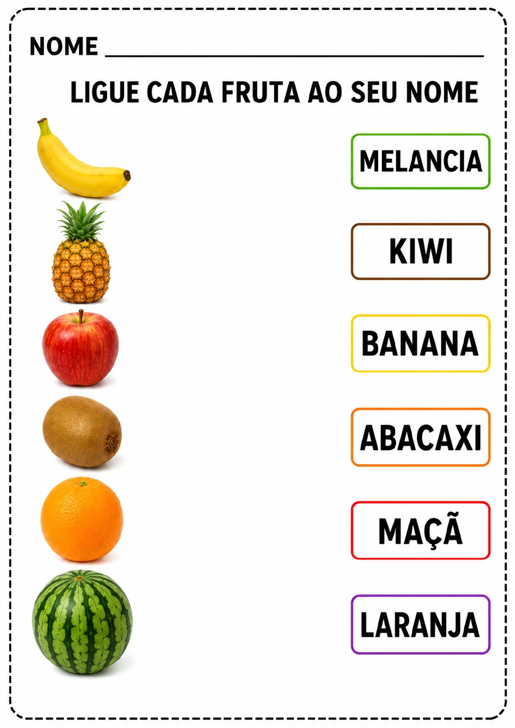 Duas colunas para ligar: à esquerda, banana, abacaxi, maçã, kiwi, laranja e melancia; à direita.