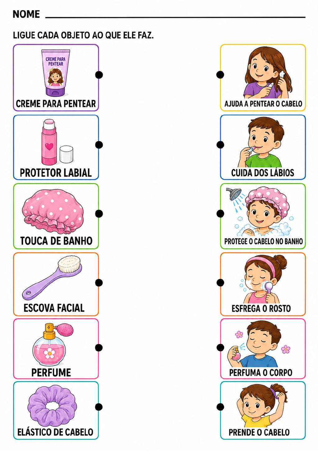 Duas colunas com 12 cartões ilustrados: creme para pentear, protetor labial, touca de banho, escova facial.