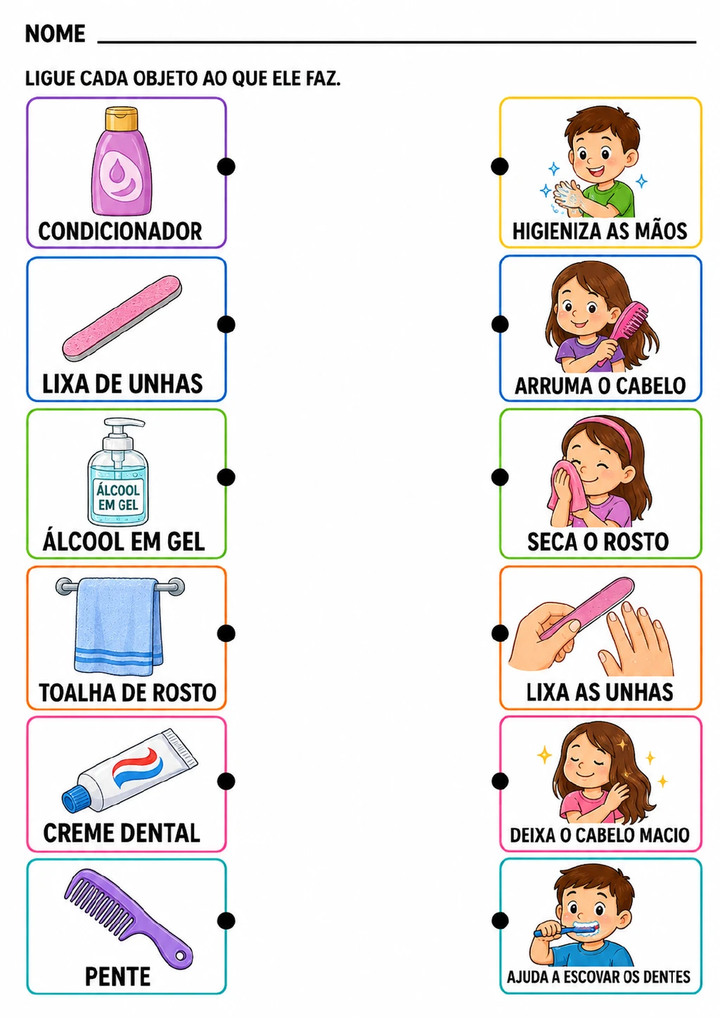 Duas colunas de cartões ilustrados com bordas de seis cores: condicionador, lixa de unhas, álcool em gel, toalha de rosto.