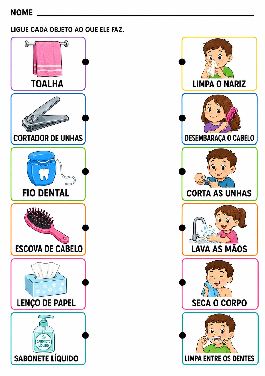 Doze cartões ilustrados em duas colunas, com toalha, cortador de unhas, fio dental, escova de cabelo.