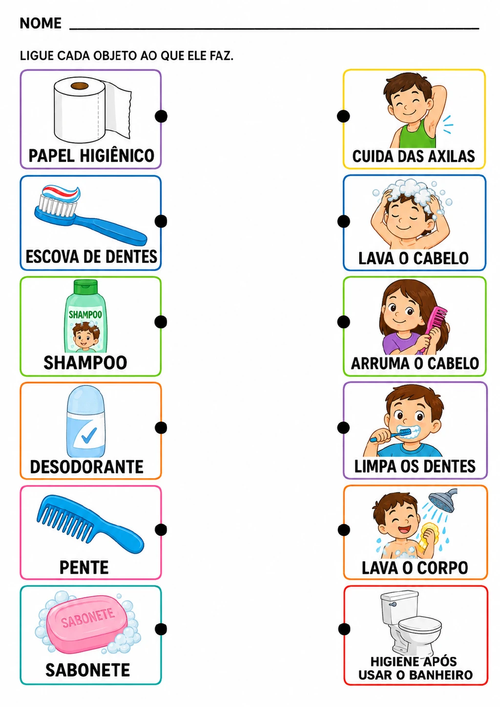 Duas colunas de cartões retangulares: papel higiênico, escova de dentes, shampoo, desodorante, pente e sabonete de um lado.