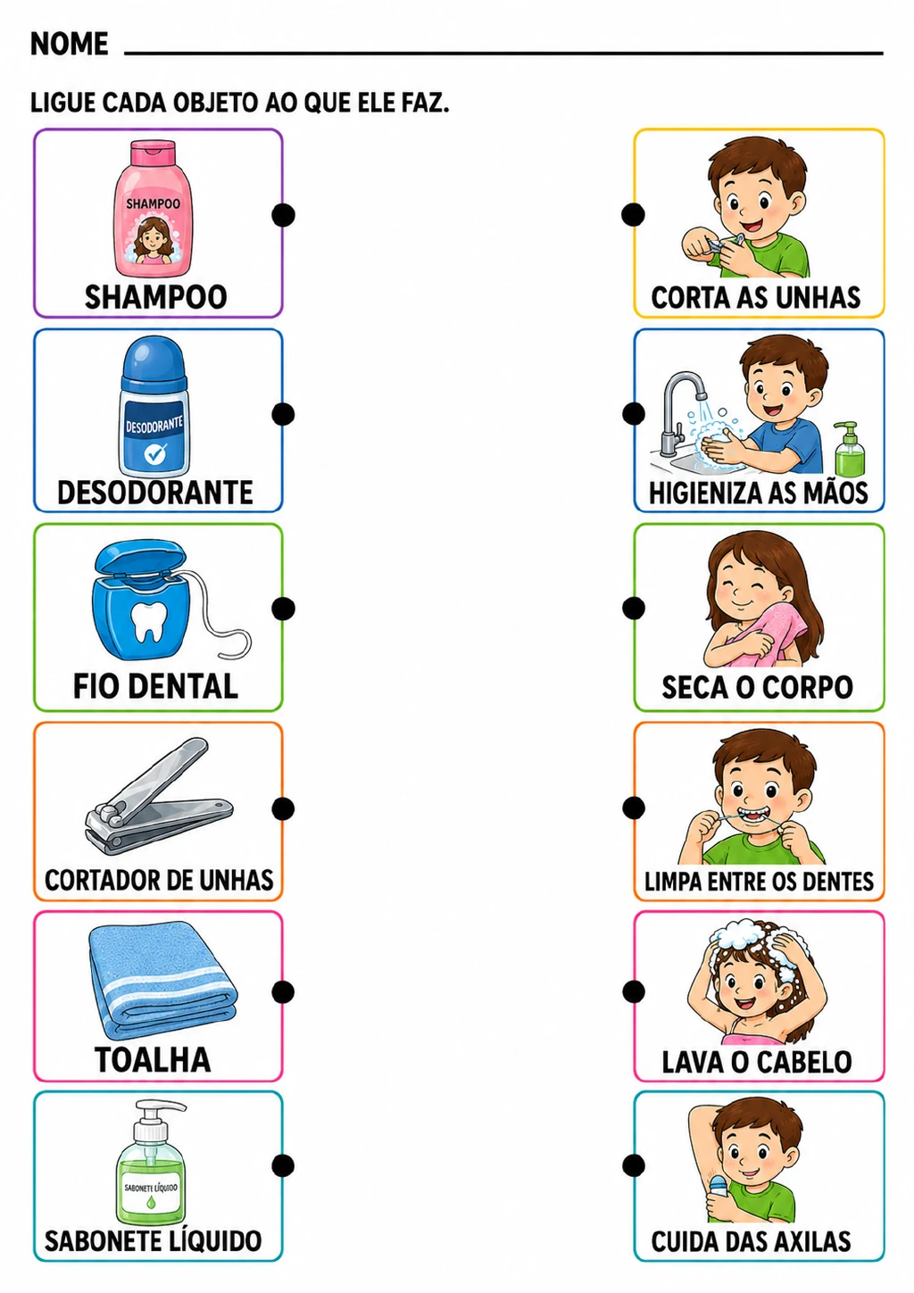 Cartões ilustrados em duas colunas com shampoo, desodorante, fio dental, cortador de unhas, toalha e sabonete líquido.