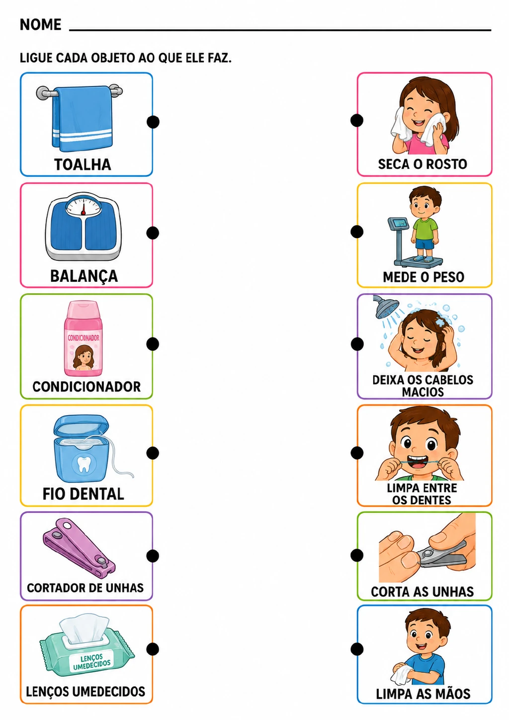 Duas colunas de cartões ilustrados com toalha, balança, condicionador, fio dental, cortador de unhas e lenços umedecidos.