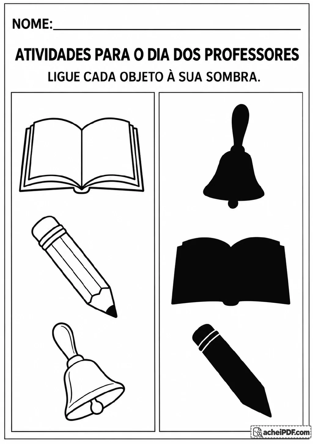 Livro aberto, lápis e sino contornados em um quadro, ao lado de três silhuetas pretas correspondentes para ligar.