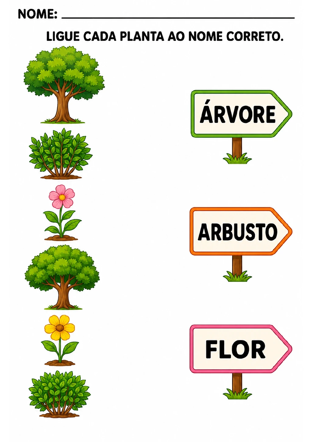 Duas árvores, dois arbustos e duas flores ao lado de três placas com as palavras árvore.