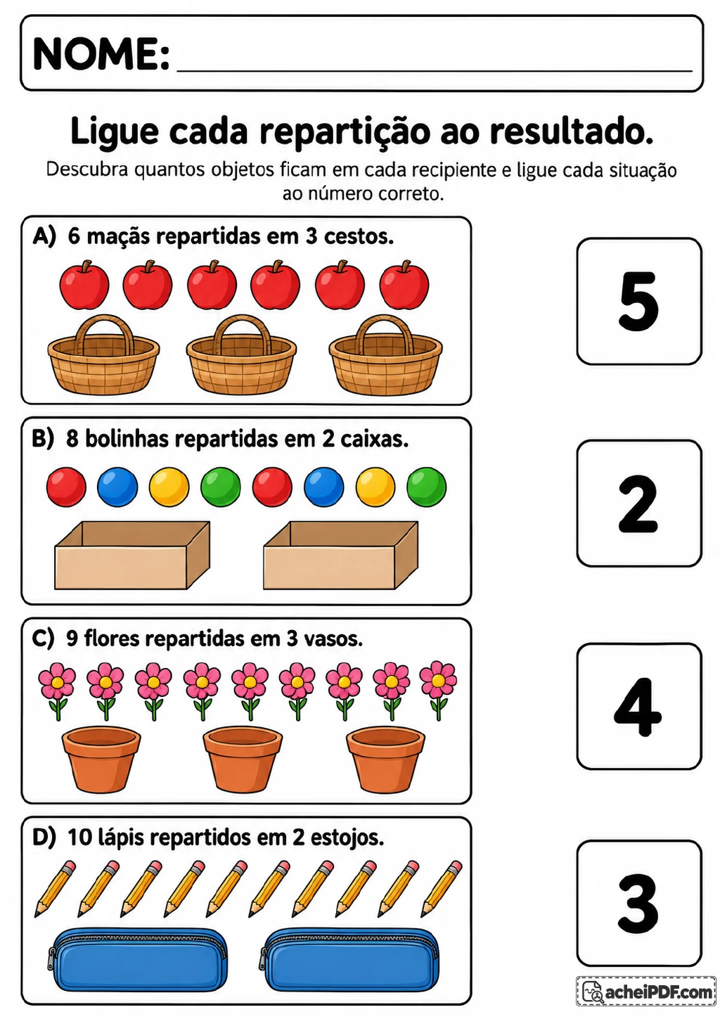 Quatro repartições ilustradas à esquerda e cartões numéricos à direita: 6 maçãs em 3 cestos, 8 bolinhas em 2 caixas.