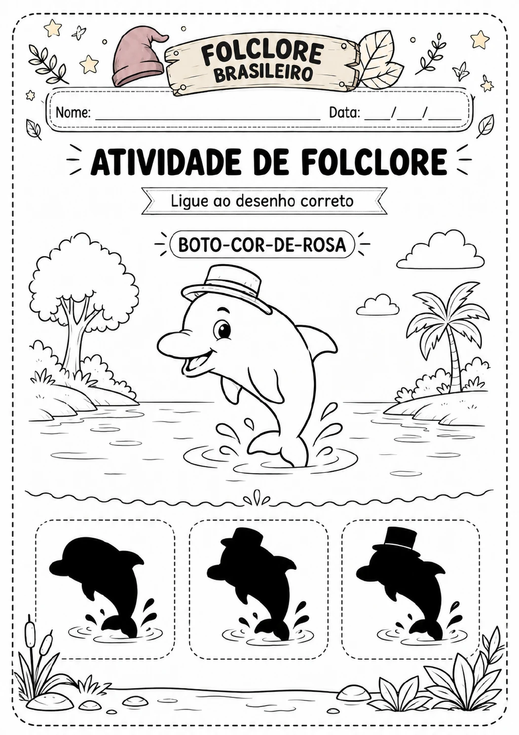 Boto-cor-de-rosa com chapéu sobre a água, perto de ilhas e palmeira, acompanhado de três silhuetas para comparação.