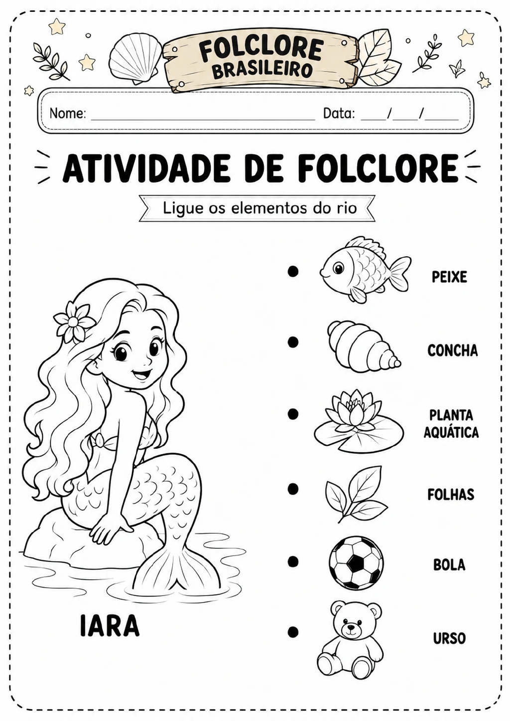 Iara à esquerda e seis figuras com rótulos à direita: peixe, concha, planta aquática, folhas, bola e urso.