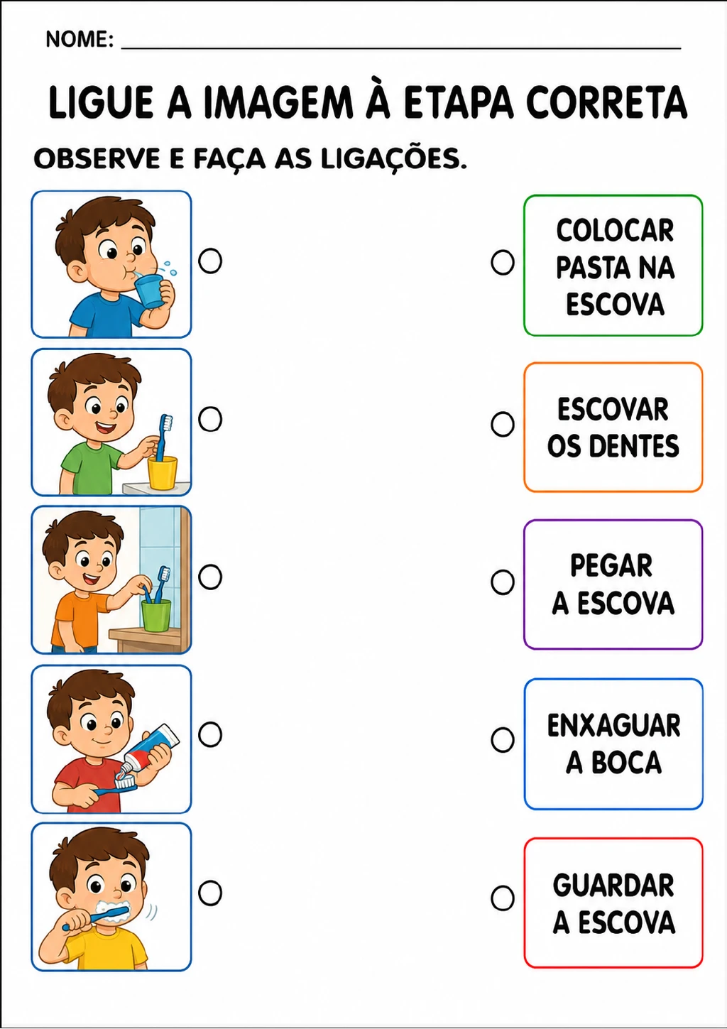 Duas colunas com cinco ilustrações de higiene bucal e cinco cartões de texto, incluindo “Colocar pasta na escova”.