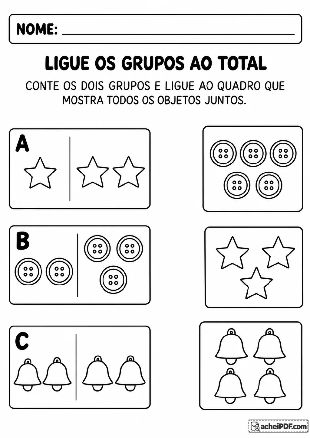 Três pares de grupos para ligar aos totais: 1 e 2 estrelas, 2 e 3 botões e 2 e 2 sinos.