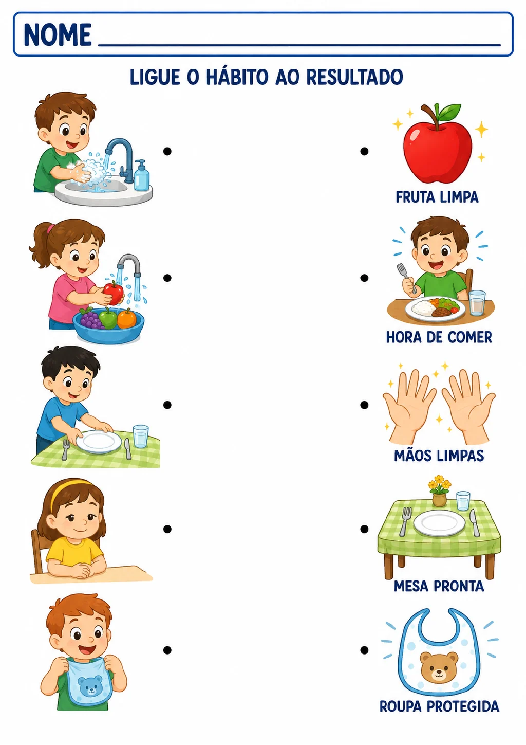 Atividade em duas colunas para ligar hábitos a resultados, com imagens de lavar as mãos, lavar frutas, arrumar a mesa.