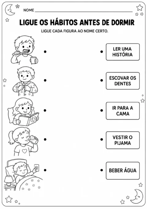 Cinco ilustrações infantis representam escovar os dentes, vestir o pijama, ler uma história, beber água e ir para a cama.
