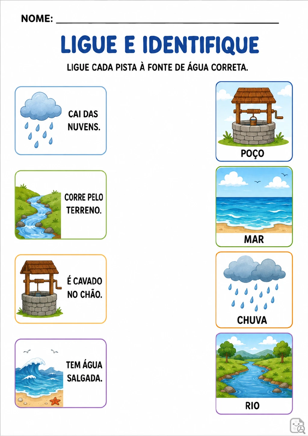 Duas colunas de cartões para ligar as pistas “Cai das nuvens”, “Corre pelo terreno”.