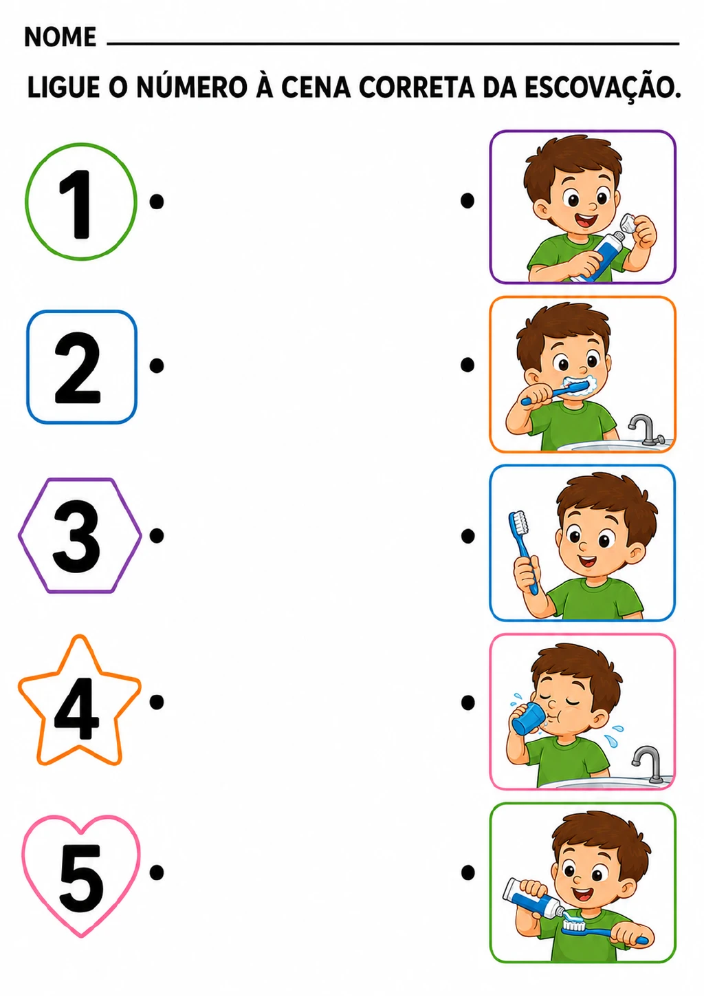 Números de 1 a 5 em círculo, quadrado, hexágono, estrela e coração à esquerda, ao lado de cinco cenas de escovação.