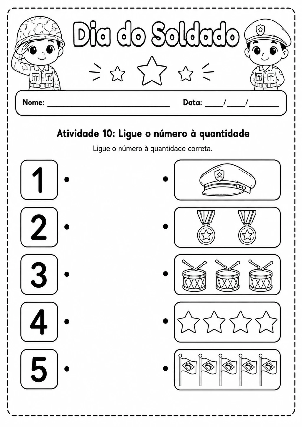 Números de 1 a 5 ao lado de grupos com um boné, duas medalhas, três tambores, quatro estrelas.